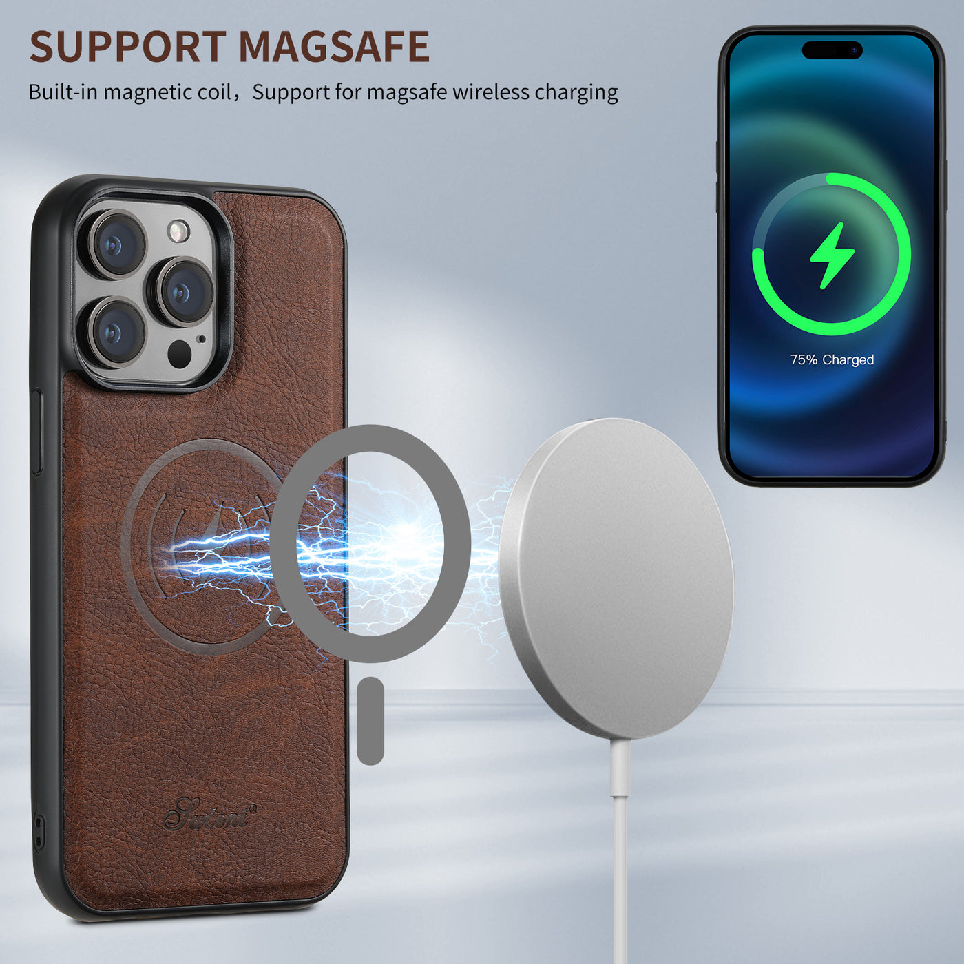 Mobile Phone Leather Phone Case Magnetic Card Holder Wireless Charger